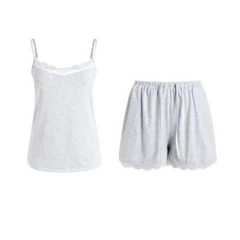 IZURIA white wide lace v-neck light grey knitted camisole and knitted shorts set  L