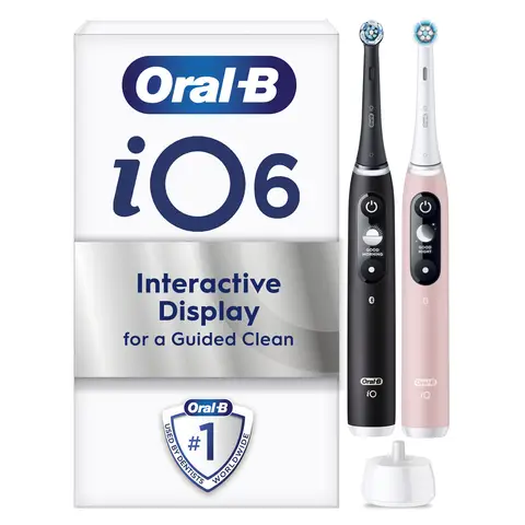 Oral-B iO6 Adult Electric Toothbrushes, Duo Pack, 5 Modes with Teeth Whitening, UK 2 Pin Plug, White and Pink