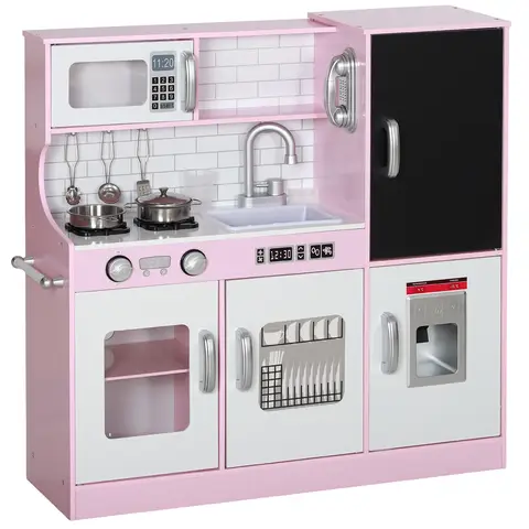 AIYAPLAY Play Kitchen, Kids Kitchen Playset Toy with Chalkboard, Toy Phone, Microwave, Ice Maker, Cooking Stoves Pink
