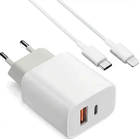 Dpower J8267 20W PD - 2 Ports USB-C/USB-A avec Câbles Lightning et USB-C, Compact, Compatible iPhone, iPad, Samsung, Blanc, Garantie 2 Ans