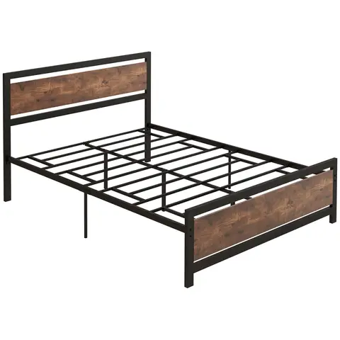 HOMCOM Bed Frame Metal Black/Rustic Brown Double