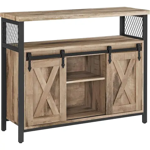 VASAGLE Sideboard, Küchenschrank, Vorratsschrank, mit 2 schießenden Scheunentoren, 33 x 100 x 80 cm, höhenverstellbare Regale, für Wohnzimmer, Kamelbraun und Tintenschwarz