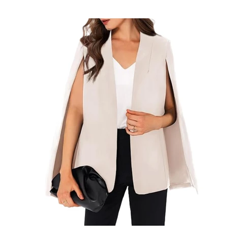 Women's CAPE Blazer Split Sleeve Open Front Lightweight Office Jacket Workwear (Beige， M)
