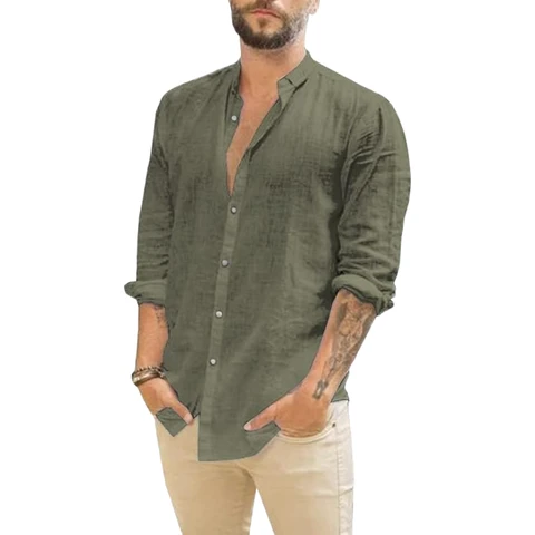 Men's Long Sleeve Shirt Linen Regular fit (militarygreen， M)