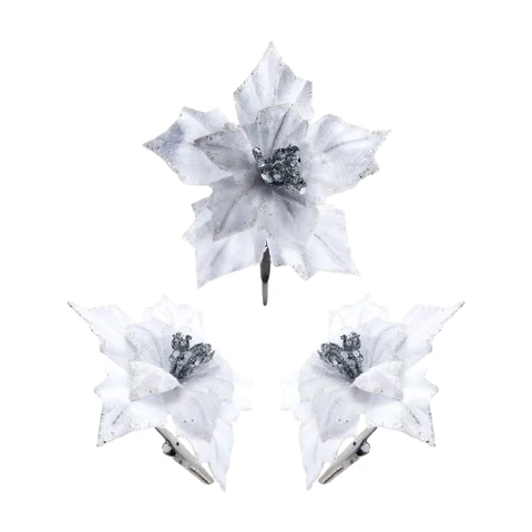 WeRChristmas Artificial White Poinsettia Flower with Clip, 3 Pack, 12 cm