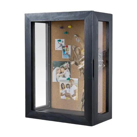 MyGift 28 x 38 cm Wandmontierte Schattenbox aus Massivholz mit Vintage-Kohle-Schwarz-Finish und Korkrückwand, Premium-Klarsicht-Acrylplatten und Magnetverschluss mit Scharniertür