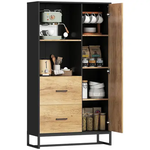 HOMCOM 160cm Tall Kitchen Cupboard, Kitchen Pantry Sideboard with 2 Open Shelves, 2 Drawers, Adjustable Shelves and Soft Close Door, Storage Cabinet for Living Room, Dinning Room, Natural Wood Finish