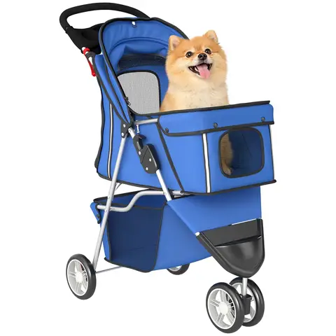 PawHut Dog Stroller, 3 Wheels Foldable Cat Dog Pram with Cup Holder, Storage Basket, Pet Stroller for Small Miniature Dogs, Blue