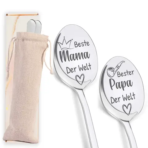 Alphynix 2-teilige deutsche Familien-Erinnerungslöffel, Eltern-Dankbarkeitsset mit thematischen Designs, ideal für Mutter-/Vatertag, Jubiläum oder Familiengeschenk,Geschenk zum valentinstag, geschenk zum geburtstag