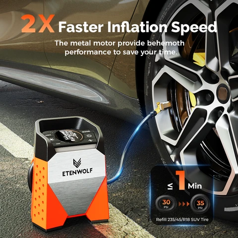 ETENWOLF ZEPHYR S3 Tire Inflator Portable Air Compressor, 1 Min Fast Inflation and 100% Duty Cycle, 160 PSI Air Pump for Cars, SUVs, Bikes, Balls (Vivid Orange)