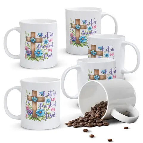 Alphynix 1pc 11oz White Mug with "Let Me Tell You About My Jesus" Quote & Wood Cross Floral Design, Inspirational Christian Christmas or Thanksgiving Gift