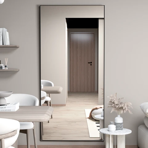 Ganzkörperspiegel 165x60 cm Bodenspiegel Große Körperspiegel Rechteckig für Schlafzimmer Wohnzimmer Standend Hängend oder an der Wand lehnend Rahmen aus Aluminiumlegierung Blakc