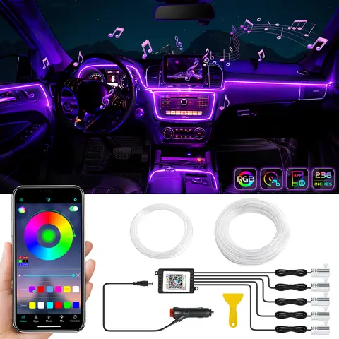 MAODANER Car LED Interior Strip Light, 16 Million Colors 5 in 1 with 236 inches Fiber Optic, Multicolor RGB Sound Active Automobile Atmosphere Ambient Lighting Kit - Wireless Bluetooth APP Control