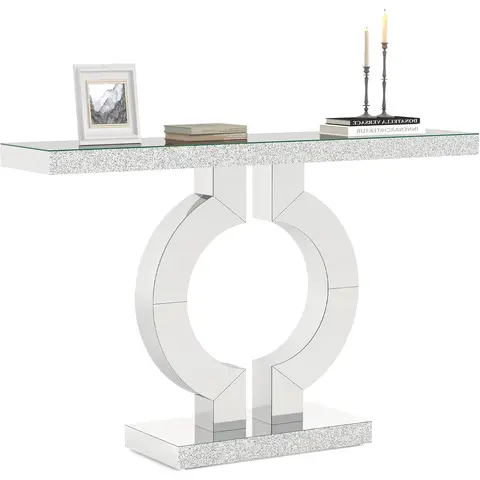 Tribesigns 121cm Modern Entryway Table with O-Shaped Base, Narrow Rectangle Mirrored Sofa Console Table for Living Room, Hallway, Entrance (Silver)