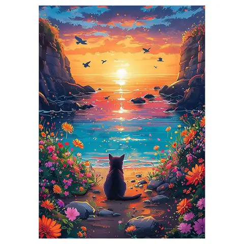 JU7CER 5D Full-Circle Diamond Painting Kit - Black Cat | Warm Sunset Adult Hobby Animal Crystal Painting | Home Wall Decor & Gift 12×16 inches (30×40 cm)