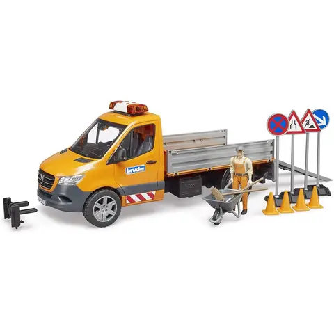 bruder 02677 Mercedes-Benz Sprinter Municipal with Light & Sound Module Driver & Accessories Construction Site Vehicle Construction Worker Transporter Low Loader Truck 1:16