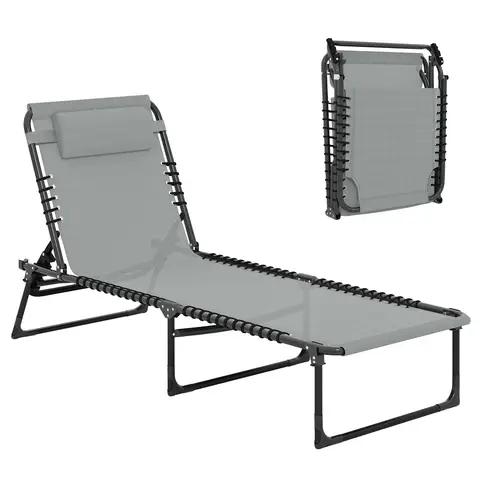 Outsunny Foldable Sun Lounger, Outdoor 4 Level Adjustable Backrest Reclining Chaise Chair, Steel Frame Recliner Chair for Cam
