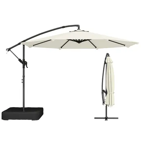 Outsunny 3 m Garden Cantilever Parasol with Cross Base and 80 kg Fillable Sandbag, 360° Rotating Overhanging Umbrella with Crank Handle, Banana Patio Umbrella for Outdoor Sun Shade, Cream White
