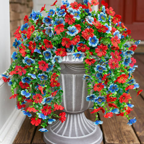 4Pcs 29.5in/75cm
Artificial Faux Hanging Flowers Plants for Outdoor Decor Outside Fake Mums Violets with Eucalyptus Realistic Daisy Trailing Vines for Yard Balcony Porch Decor(red&blue)