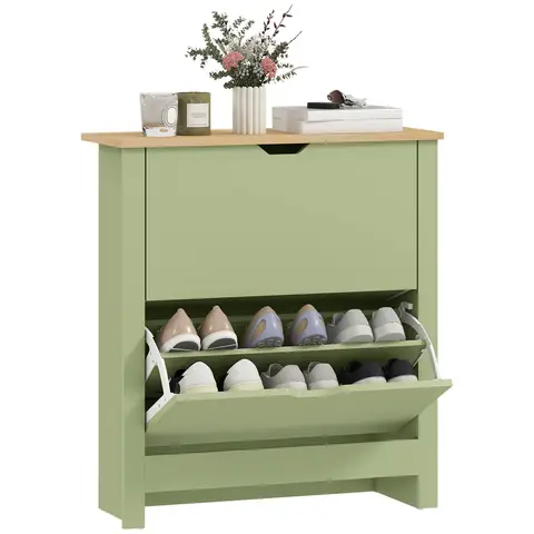 HOMCOM Narrow Shoe Cabinet, Space Saving Shoe Storage Cabinet with 2 Flip Drawers and Adjustable Shelves Green