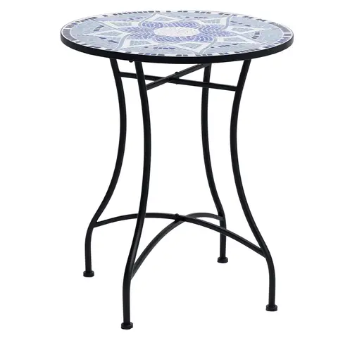 Outsunny 60 cm Mosaic Garden Table, Small Round Outdoor Side Table with Ceramic Top, Plant Stand for Patio, Balcony, Blue and White