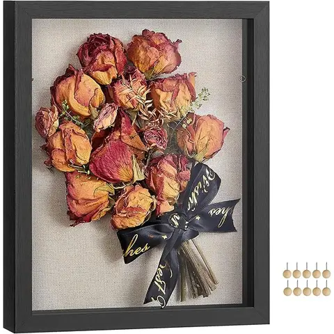 SONGMICS 3D Bilderrahmen zum Befüllen, Fotorahmen mit Schnur, Klammern, Stecknadeln, DIY, Schaumstoffplatte mit Leinenoberfläche, Glas, MDF, 30,4 x 5,5 x 38 cm, Geschenkidee, schwarz RPF009B02