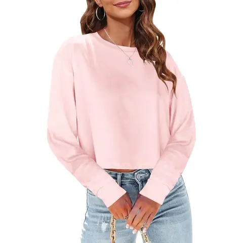 Woman Long Sleeve Cropped T Shirts Round Neck Casual Drop Shoulder Crop Tops Solid Sweater Tees (Pink, XL)
