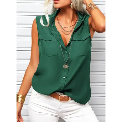 Women's Solid Lapel Sleeveless Tank Tops Summer Button Down Shirts Office Ladies Shirts (LightGreen, S)