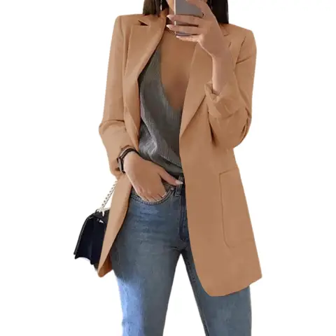 Women's Casual Blazers Open Front Long Sleeve Lapel Collar Work Office Jacket (Khaki, S)
