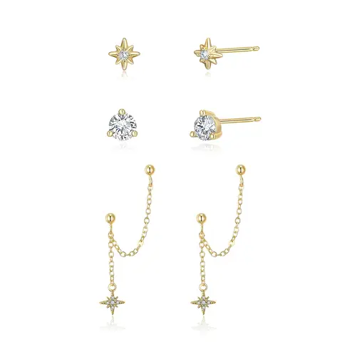 Ever Faith Cubic Zirconia Gold Plated Hoop and Dainty Star Chain and Hypoallergenic Cartilage Earrings Set