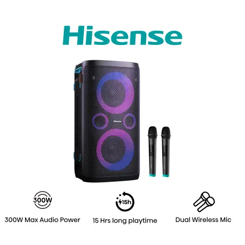 Hisense PARTYSTORM1 Tragbarer Bluetooth-Lautsprecher mit Lichteffekten - 300 W - Schwarz