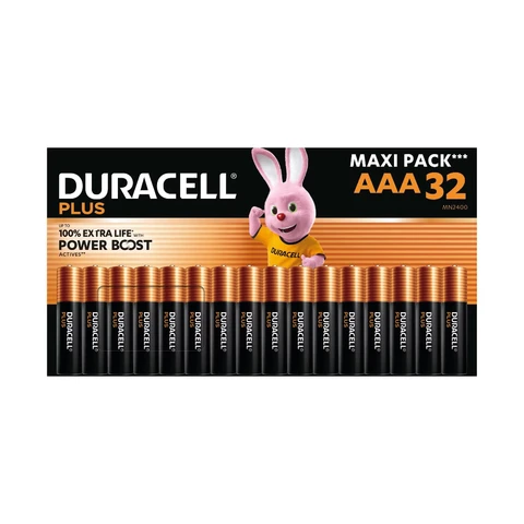 DURACELL Plus Piles AAA (Lot de 32) – Piles Alcalines 1,5 V – Durent jusqu’à 100 % plus longtemps* grâce aux Actifs POWER BOOST** – Fiable pour vos Appareils du Quotidien – Emballage 0 % Plastique – Conservation garantie 10 ans - LR03 MN2400