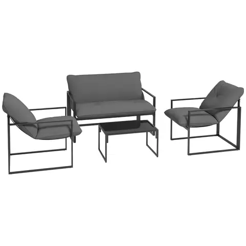 Outsunny 4 Piece Garden Sofa Set, 2 Single Armchair, Loveseat and Coffee Table Set with Steel Frame, Outdoor Furniture with Thick Cushions, Grey