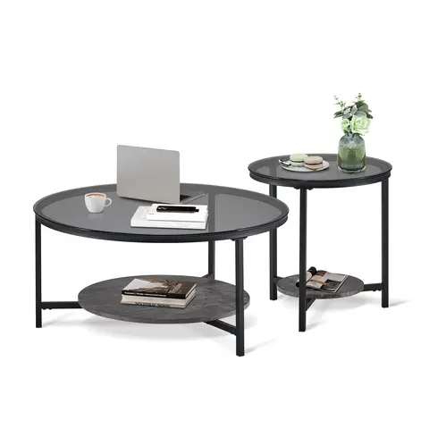 CLIPOP Round Glass Coffee Table, Nesting Table Set of 2 for Living Room with Grey Marble Storage Shelf Tea Table