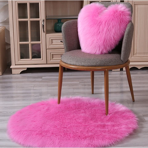 Flauschiger Faux-Woll-Rund-Teppich, 90x90cm weicher Shaggy-Kreis-Teppich, rutschfester Bodenbelag für Schlafzimmer, Wohnzimmer, Kinderzimmer Dekoration (Pink)