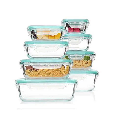 JORDAN&JUDY Rechthoekige borosilicaatglas vershouddozen 8-delige set, afneembaar, 150 ml x 1 + 200 ml x 1 + 320 ml x 1 + 370 ml x 1 + 520 ml x 1 + 640 ml x 1 + 800 ml x 1 + 1040 ml x 1, draagbare lunchbox, blauw