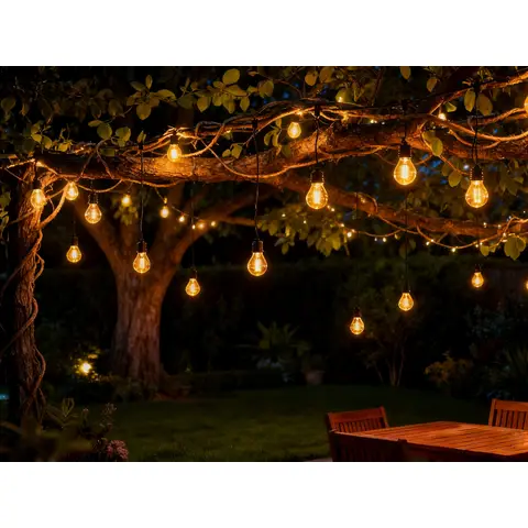 Guirlande lumineuse solaire LED en PVC noir | 10 ampoules 5L blanc chaud (espacement de 30 cm), non connectable, câble d'alimentation de 200 cm | Panneau solaire : 4,5 V/90 mA, batterie : 3,7 V/300 mAh, courant de sortie : 30–50 mA