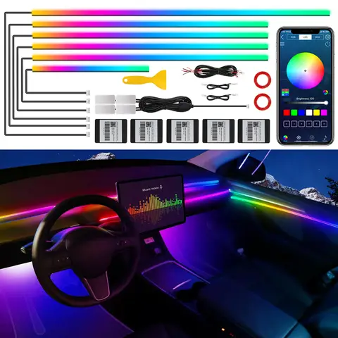 Dreamcolor Acrylic Interior Car LED Strip Light with Wireless APP, RGB 14 in 1 with 175 inches 593 Neon Car Ambient Lighting Kits, Dynamic Chasing Music Sync LEDs Fiber Optic Strip Lights for Car