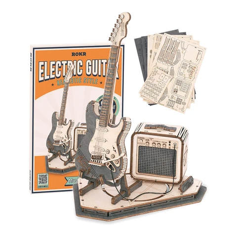 Robotime Rolife Elektrische Gitarre 3D-Holzpuzzle-Bausatz, 17x10,5x22cm, Deko, Bastelgeschenk für Erwachsene & Jugendliche