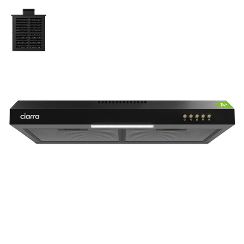 Ciarra 60cm Hotte sous-meuble, 3 Vitesses, Recyclage ou Extraction, Commandes à Boutons-Poussoirs, Noir Mat CBCB6903D-B