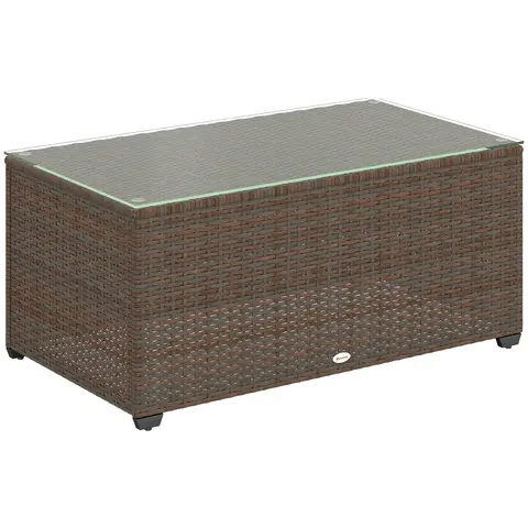 Outsunny Outdoor Coffee Table, PE Rattan Side Table with Tempered Glass Top, Wicker Rectangular Garden Coffee Table End Table