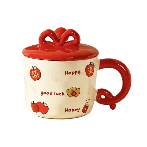 Chinesisches Neujahrs-Tasse mit Deckel  
400ml rote Keramiktasse mit "Viel Glück"-Muster, thematische Geschenk-Tasse für Getränke