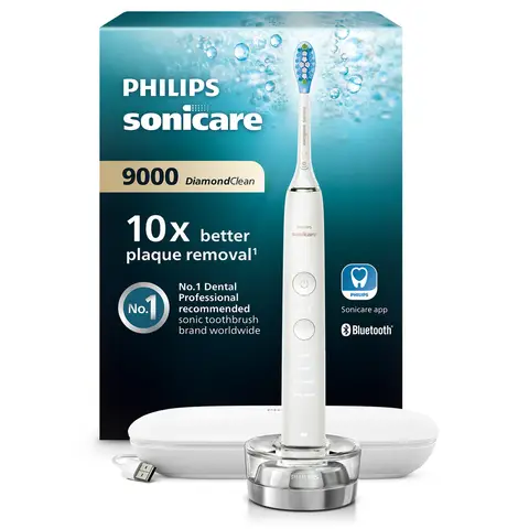 Philips Sonicare DiamondClean 9000 Electric Toothbrush, Smart Pressure Sensor, App Coaching, Charging Travel Case, white HX9911/63