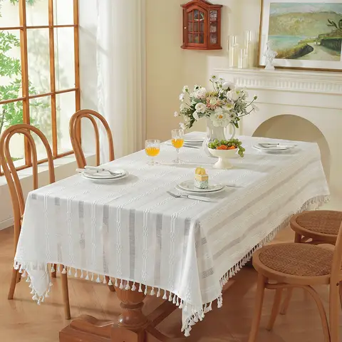 Hemstitched Embroidery Striped Boho Tablecloth 55*90 Inch , Heavy Weight Farmhouse Tablecloth, Wrinkle Resistant Washable Table Cloth for Rectangle Table,white
