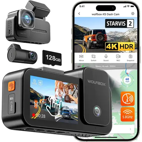 WOLFBOX X5 3 Channel 4K Dash Cam STARVIS 2 IMX678 4K+2.5K Front and Rear Inside Triple Car Camera 5.8GHz WiFi Mirror Car DVR