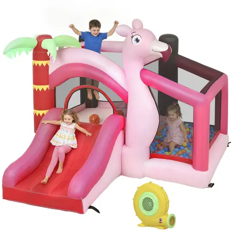 AIYAPLAY Inflatable Bouncy Castle for Kids with Slide, Ball Pit and Basketball Hoop, 4-in-1 Jumping Bounce House with Blower for Indoor Outdoor Garden Party, Pink