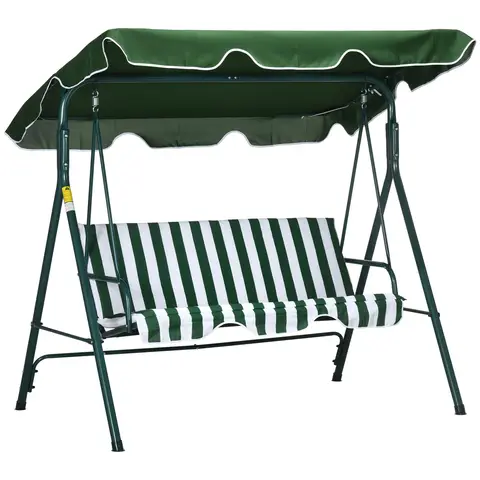 Outsunny 3 Seater Swing Chair with Adjustable Canopy, Garden Swing Seat with Steel Frame, Padded Seat, Green and White