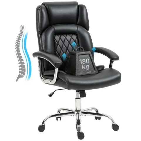HOMCOM Big and Tall Office Chair 180kg, Executive PU Leather Desk Chair with Spring Cushion, Wide Seat, High Back, Adjustable Height, Swivel Wheels, Built-in Headrest, Tilt Function, Black