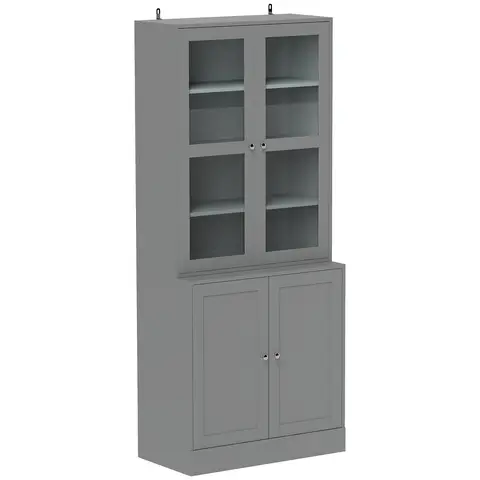 HOMCOM Modern Bookcase with Glass Doors, Display Storage Cabinet with Adjustable Shelves Grey