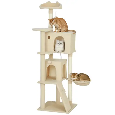 PawHut 160cm Cat Tree, Multi-Level Large Cat Tower with 3 Sisal Scratching Posts, Condos, Plush Perches, Hammock, Ladder, Dangling Balls, Kitten Activity Centre for Kittens Playing Relaxing, Beige